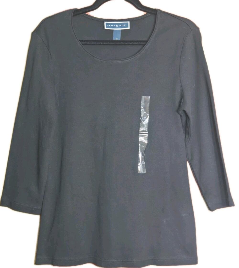 NWT Karen Scott Women Long Sleeve Cotton Crew Neck T-Shirt Black Size M